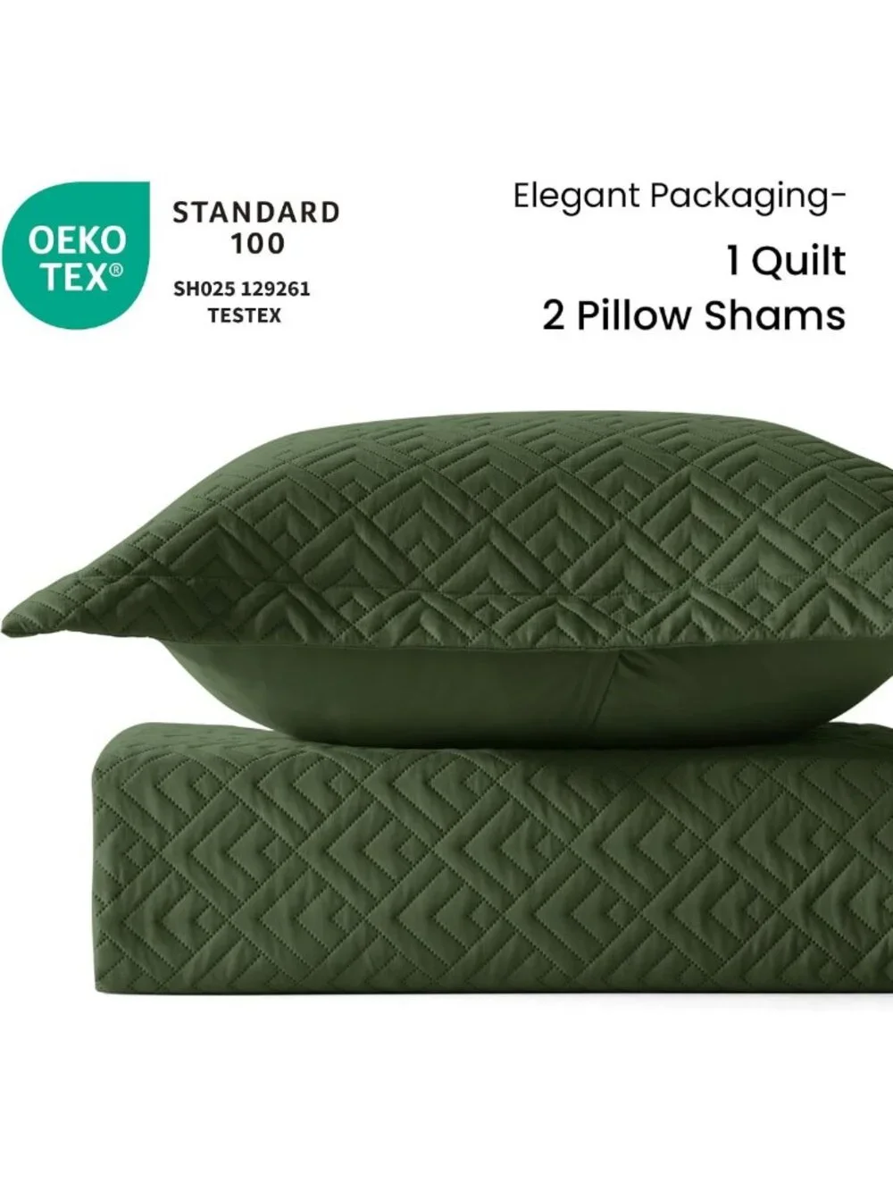 Queen Size Quilt Set - Summer Squares Pattern, Olive Green Bedspread, Cozy